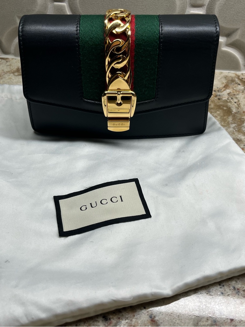 Gucci Navy Leather Shoulder Bag with Green and Red Stripe and Gold Hardware